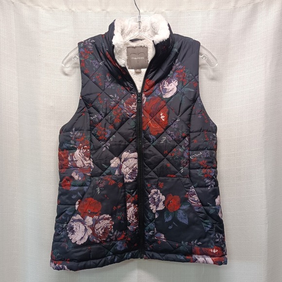 Maurices Jackets & Blazers - Maurices Women's S Navy Floral Faux Fur Lined Quilted Puffer Ski Vest‎ Full Zip